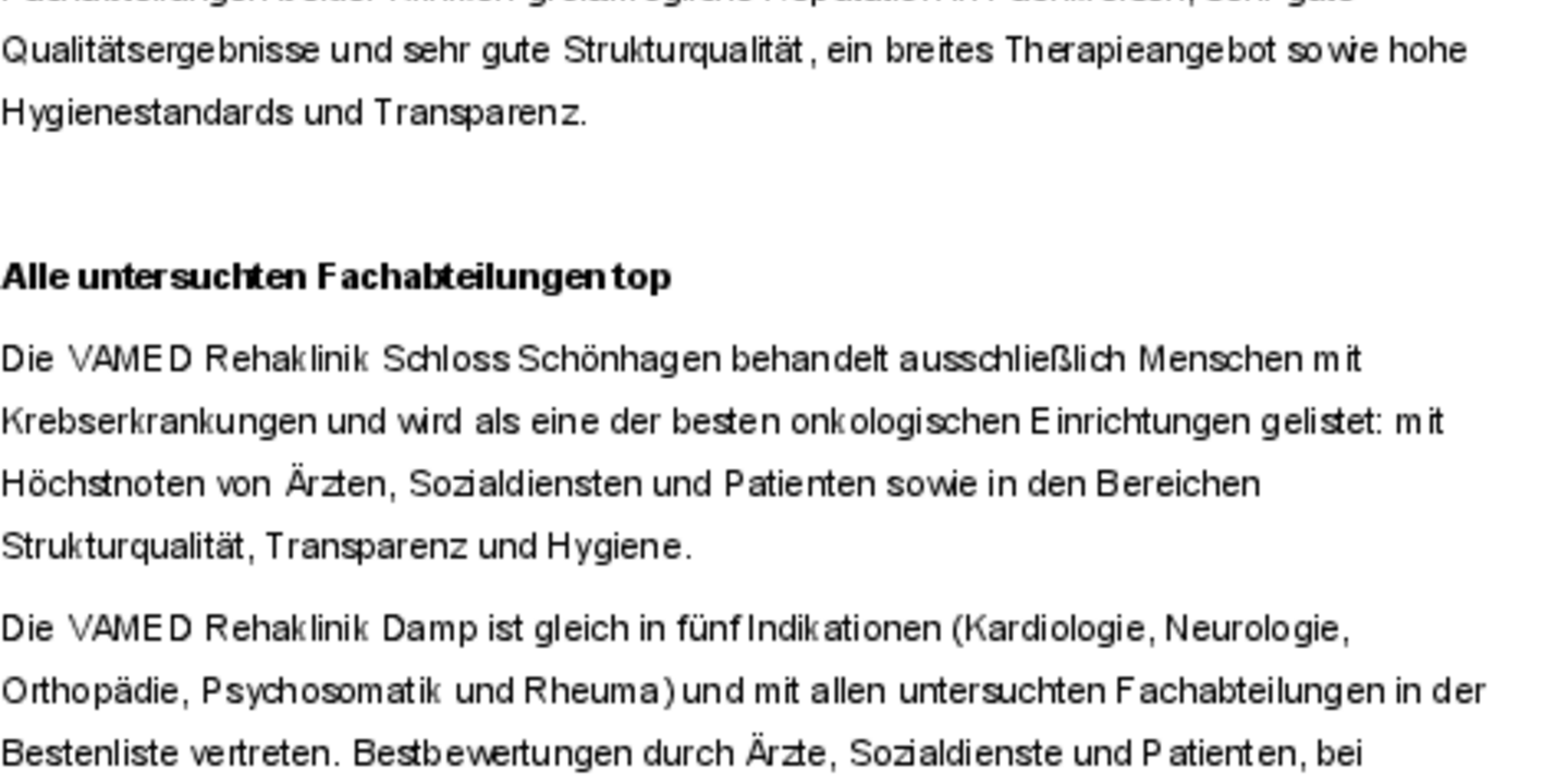 Focus Gesundheit: VAMED Rehakliniken in Damp und Schönhagen gehören auch 2020 zu den Besten Deutschlands