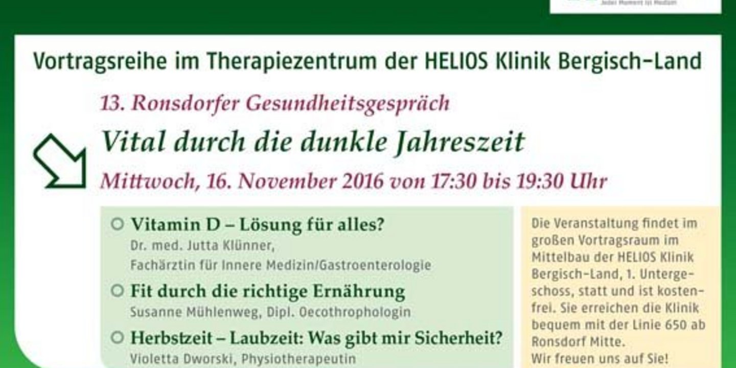 Ronsdorfer Gesundheitsgespräch in der HELIOS Klinik Bergisch-Land: Vital durch die dunkle Jahreszeit