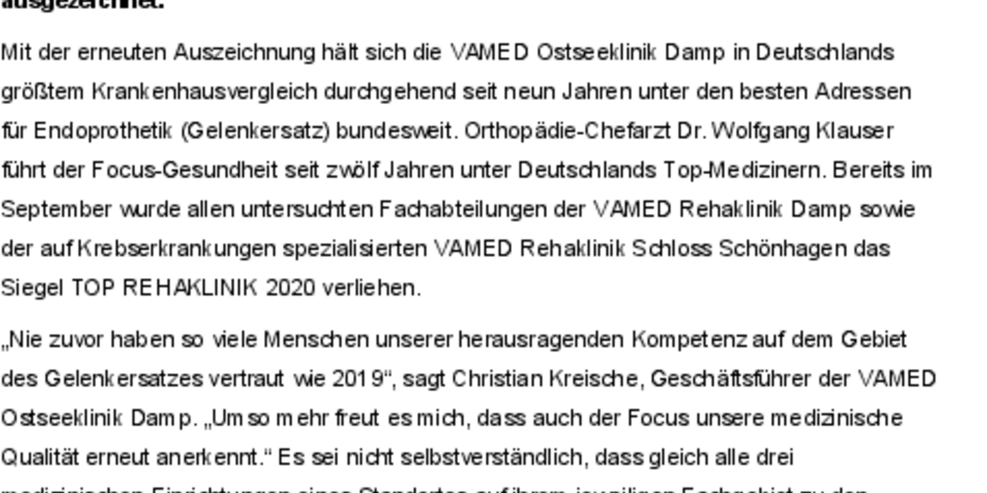 VAMED Ostseeklinik Damp gehört zu den besten Kliniken Deutschlands